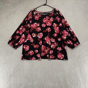 Halogen Blouse Womens 2X Black Floral Balloon Sleeve Stretch Pullover Spring